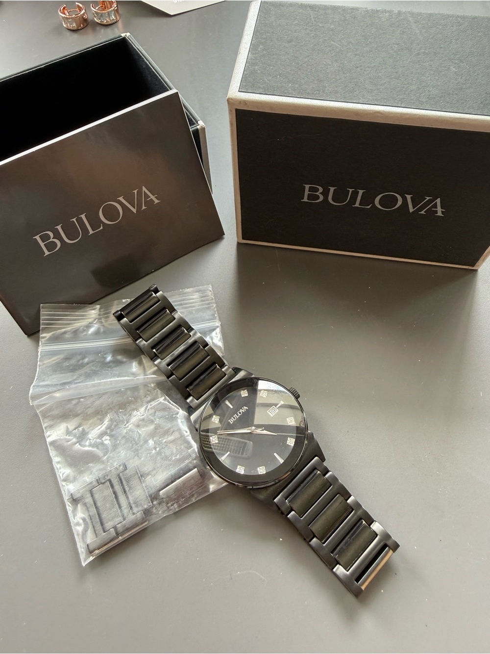 Bulova Men's Black Stainless Steel Bracelet Watch with Diamond Markers